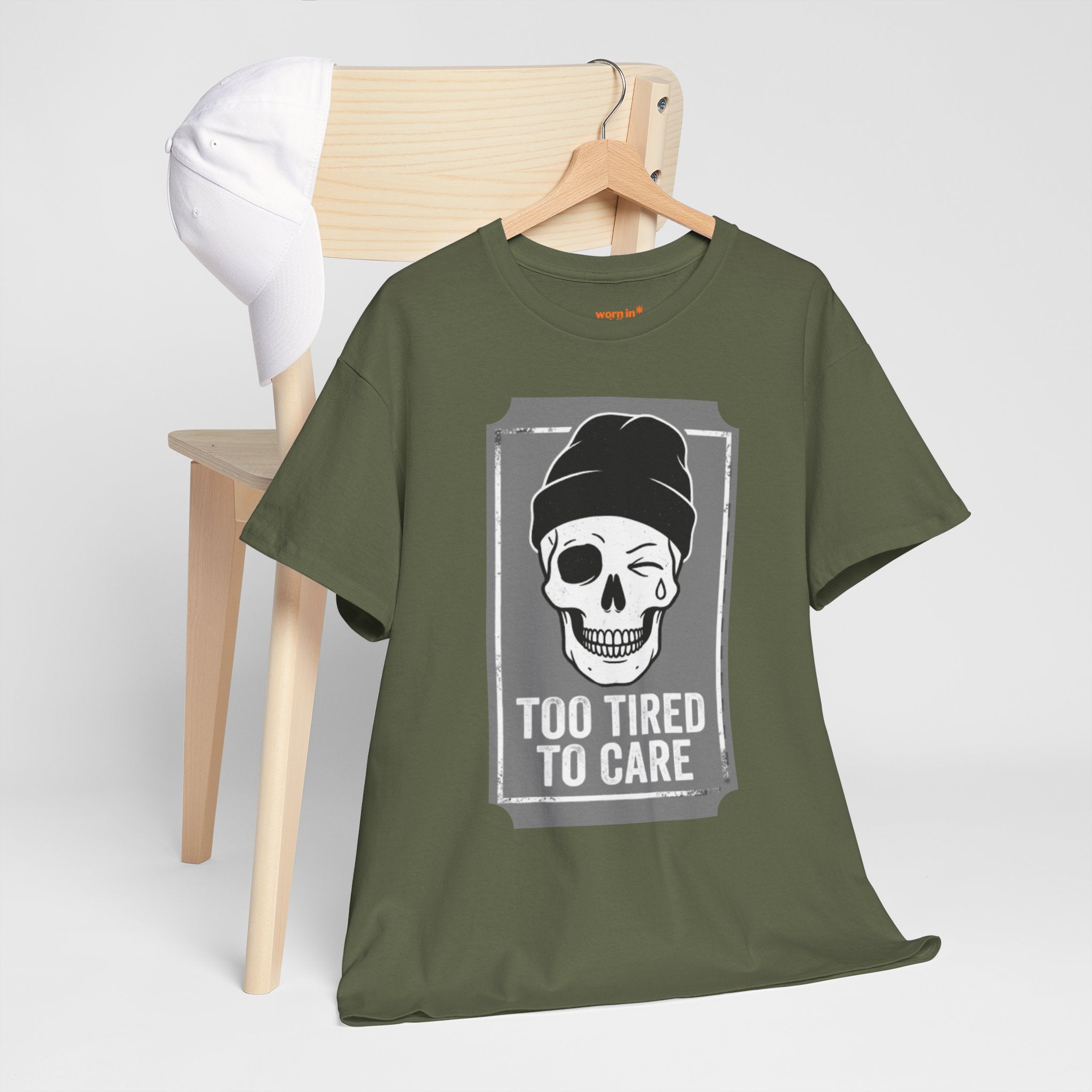 Too Tired To Care Skull T-Shirt | Funny Sarcastic Graphic Tee for the Exhausted