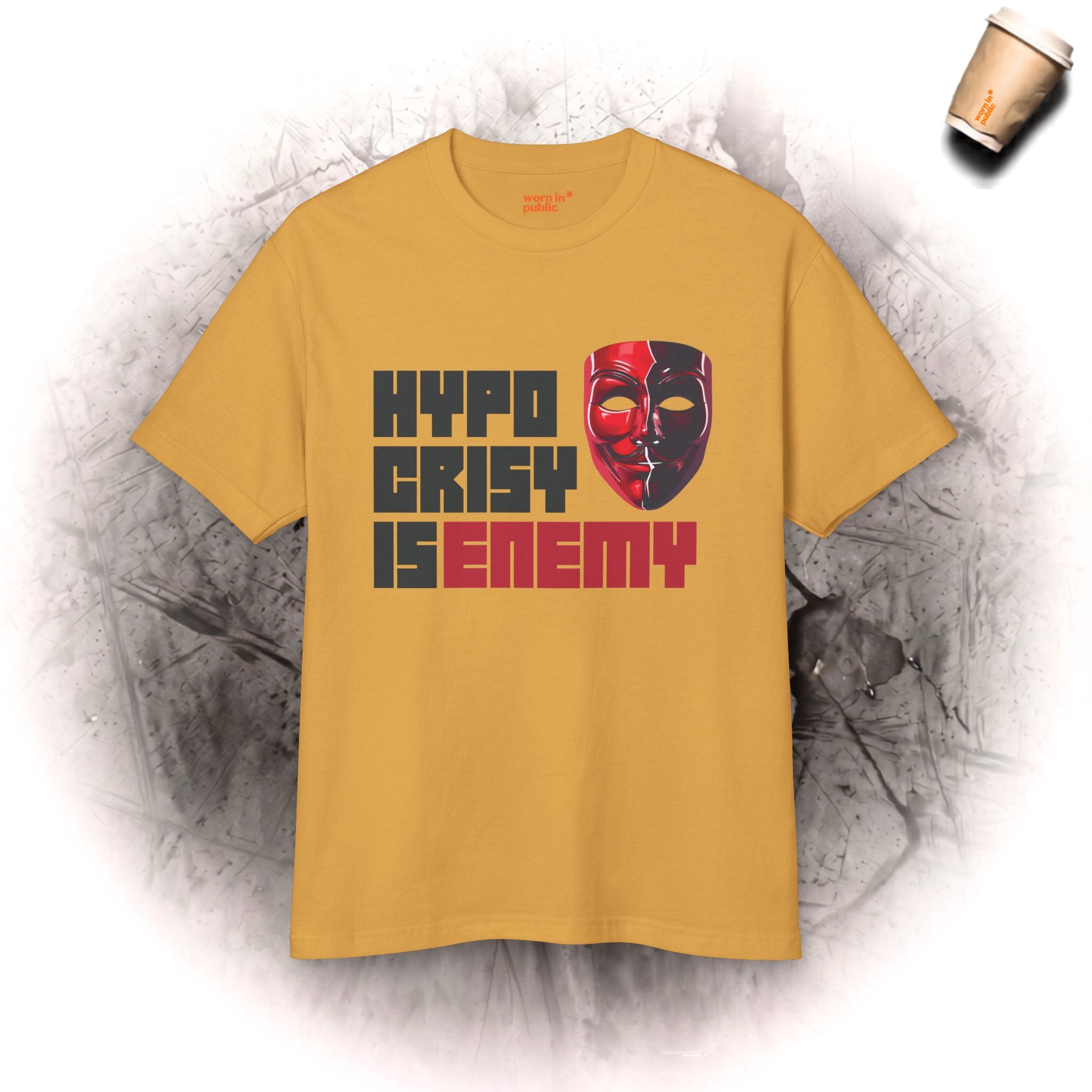Hypocrisy Is Enemy Graphic Tee — Red Mask Statement T-Shirt