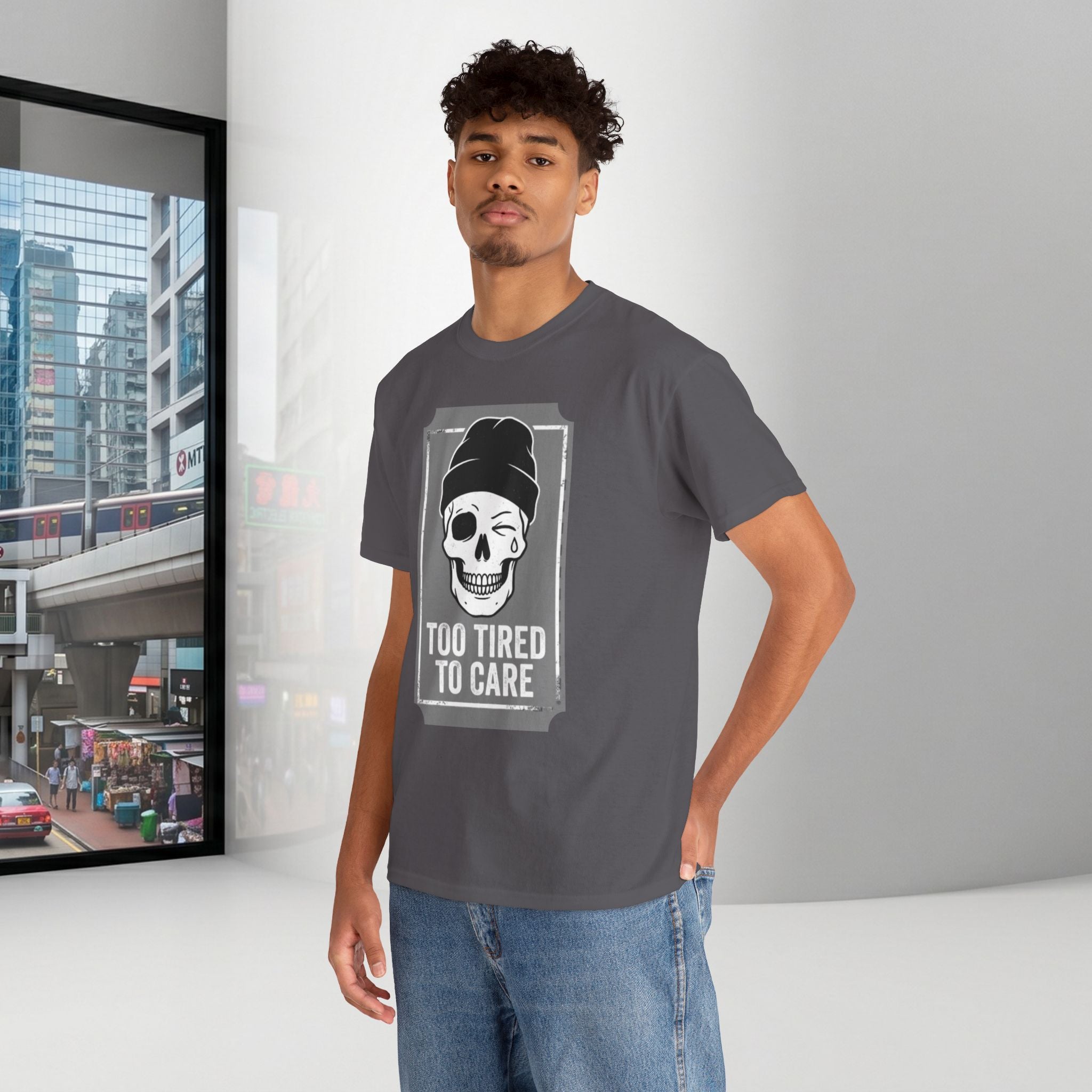 Too Tired To Care Skull T-Shirt | Funny Sarcastic Graphic Tee for the Exhausted