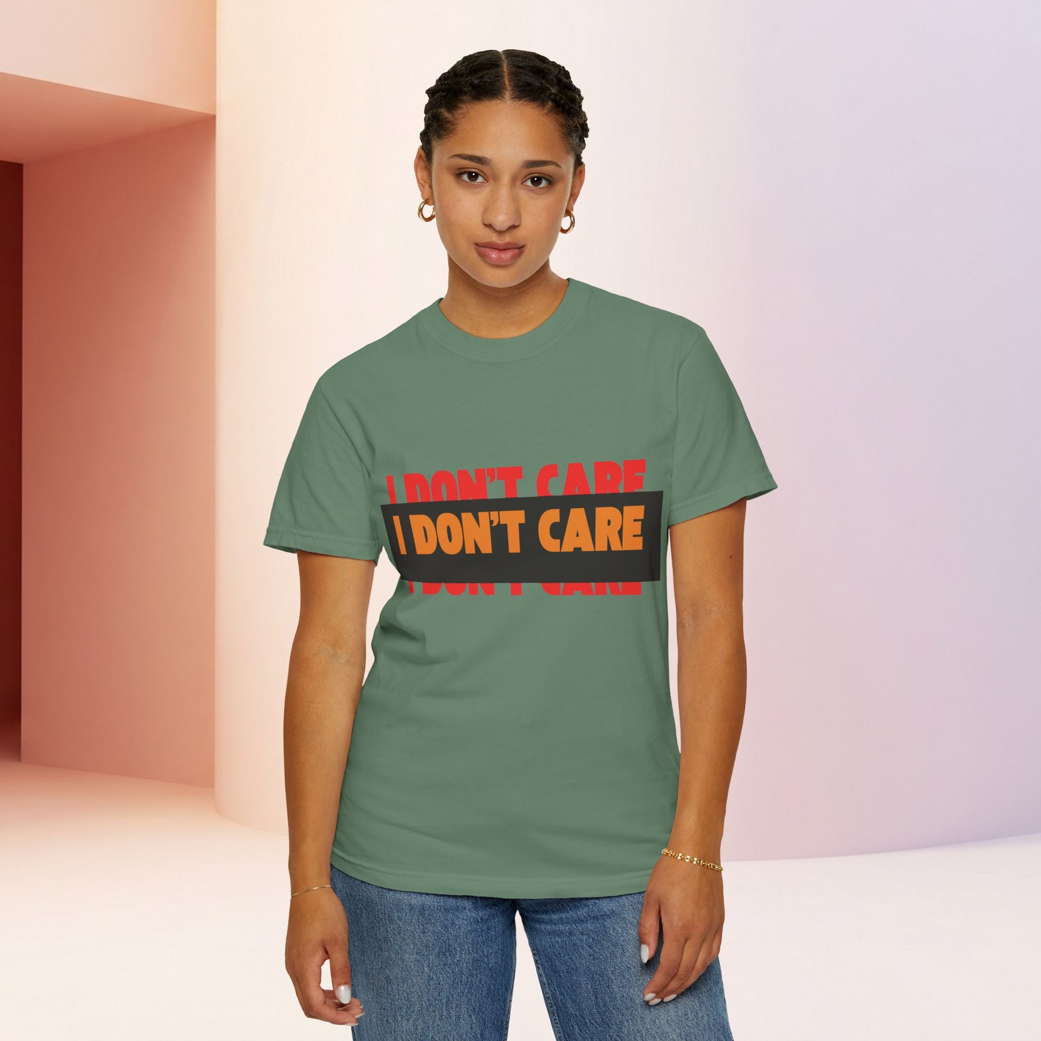 I Don't Care Graphic T-Shirt | Bold Statement Tee with 'I DON'T CARE' Print