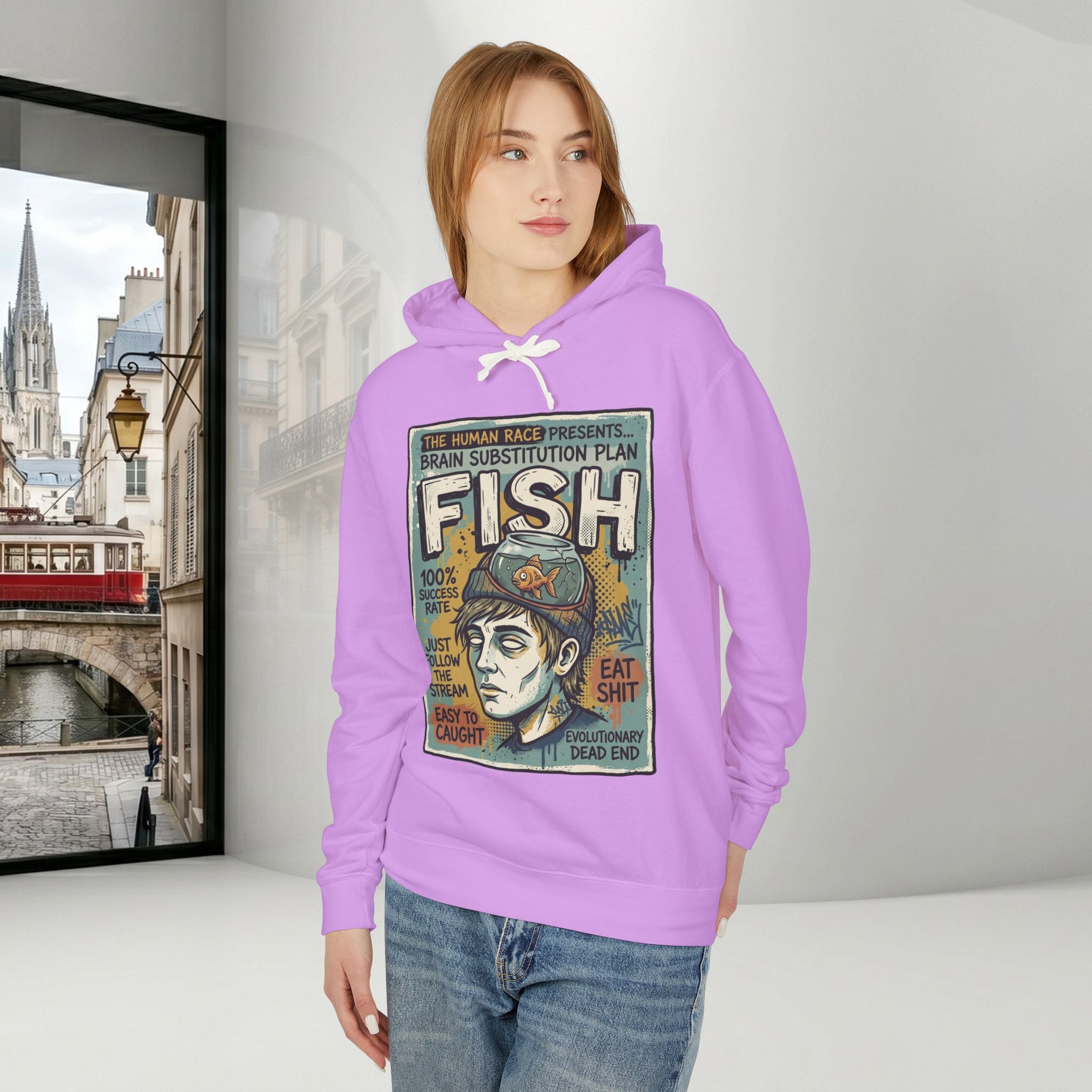 Fish Brain Substitution Plan Hoodie — Vintage Unisex Surreal Graphic Pullover
