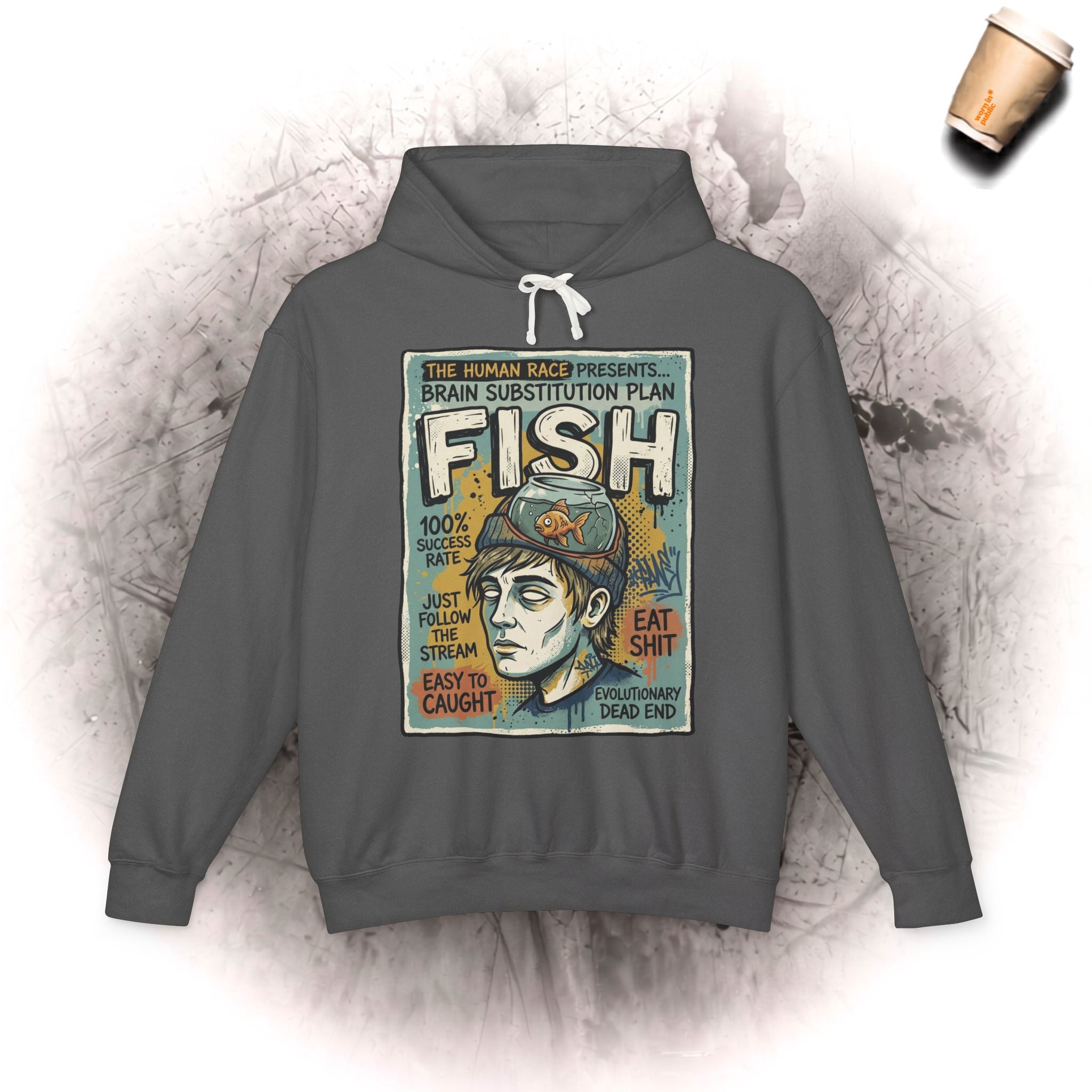 Kapuzenpullover „Fischhirn-Ersatzplan“ – Vintage Unisex Surrealistisches Grafik-Sweatshirt