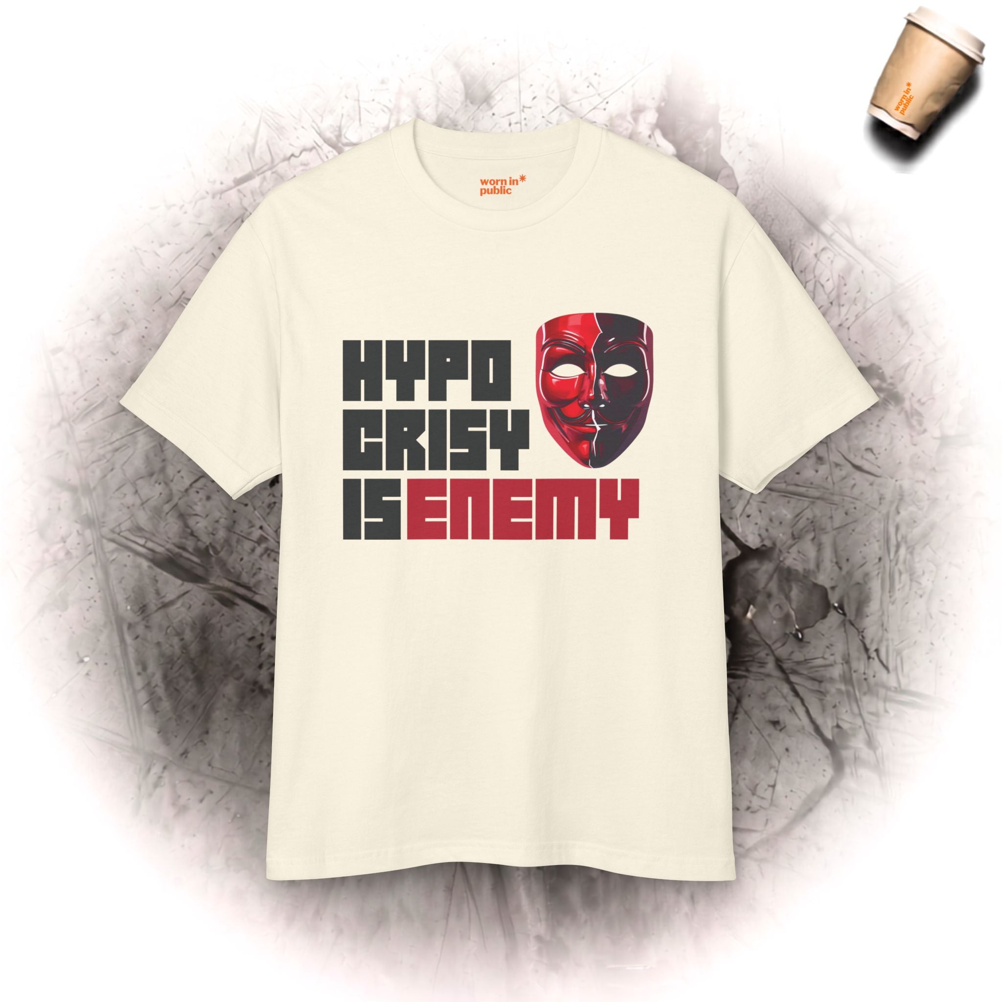 Hypocrisy Is Enemy Graphic Tee — Red Mask Statement T-Shirt