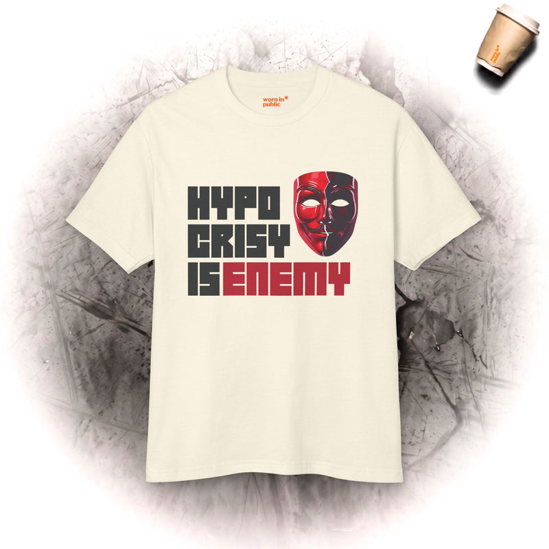 Hypocrisy Is Enemy Graphic Tee — Red Mask Statement T-Shirt