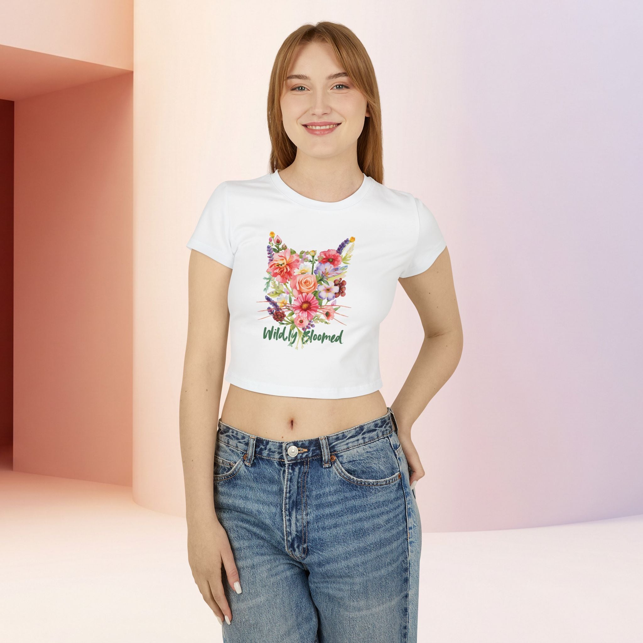 Wildly Bloomed Floral Cat Women's Baby Tee | Cute Botanical Graphic Top