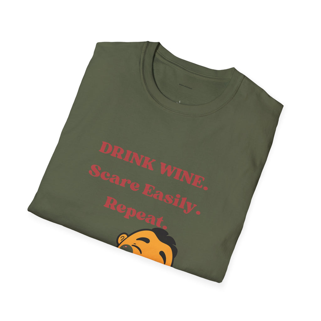 Drink Wine, Scare Easily, Repeat T-Shirt | Funny Smiling Face Graphic Tee