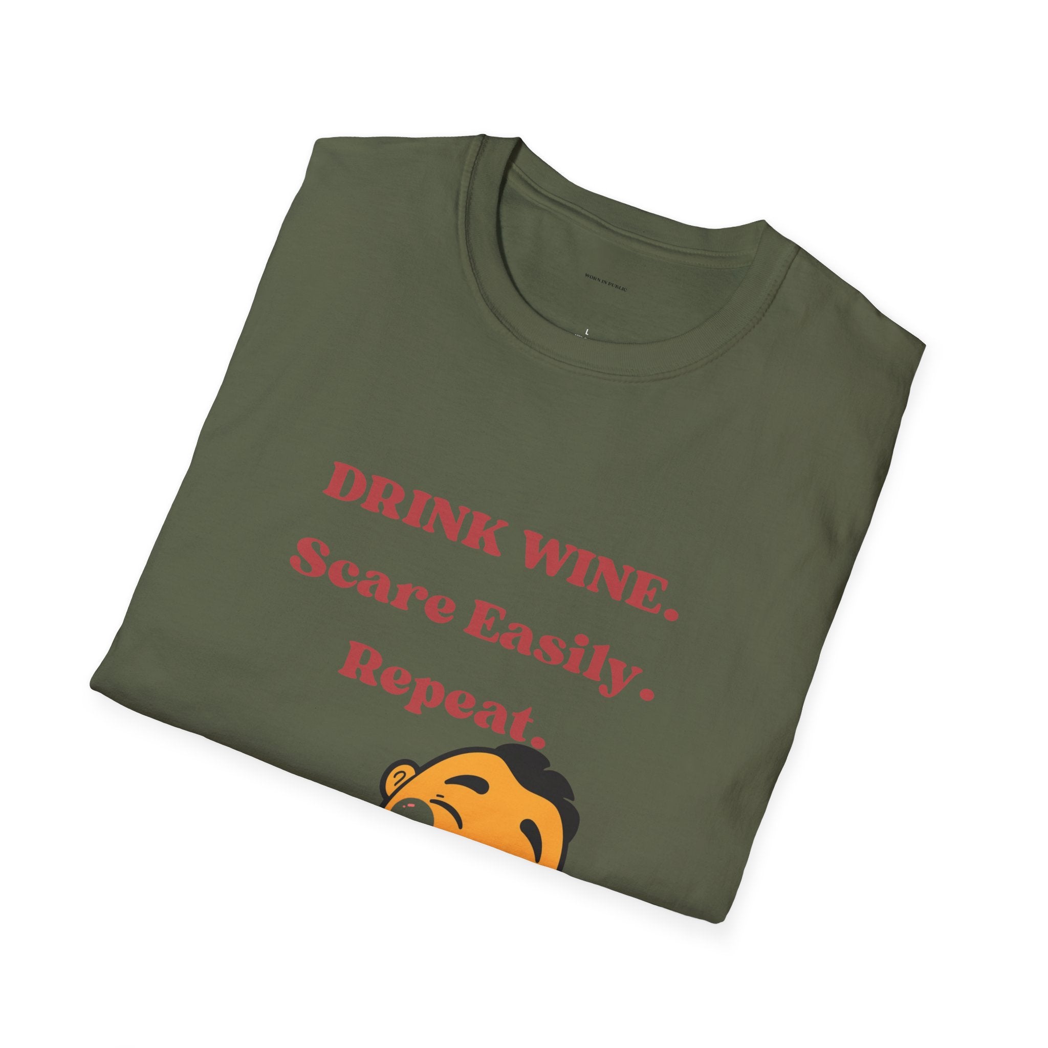 Drink Wine, Scare Easily, Repeat T-Shirt | Funny Smiling Face Graphic Tee