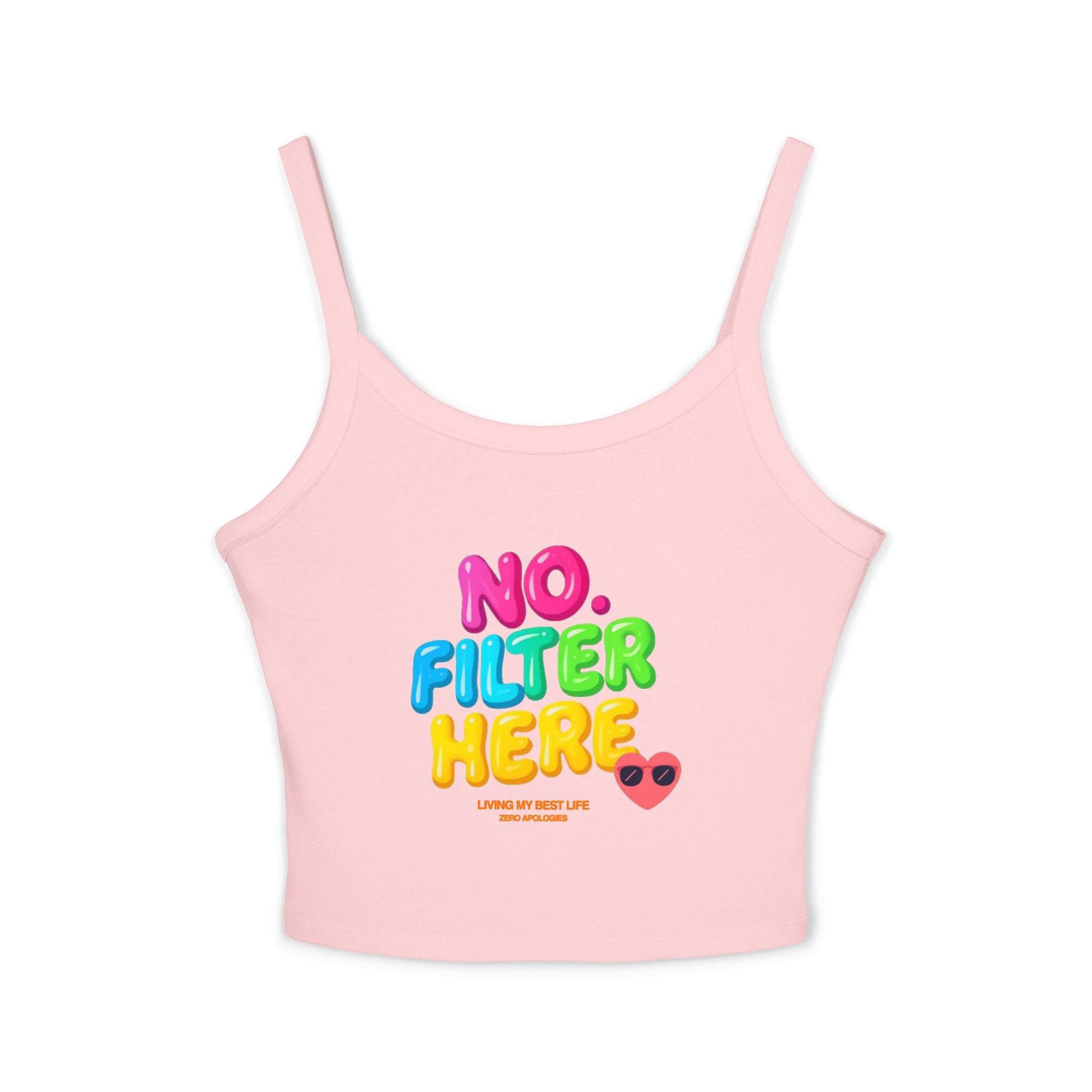 No Filter Here Spaghetti Strap Tank Top | Colorful Bubble Letter Slogan