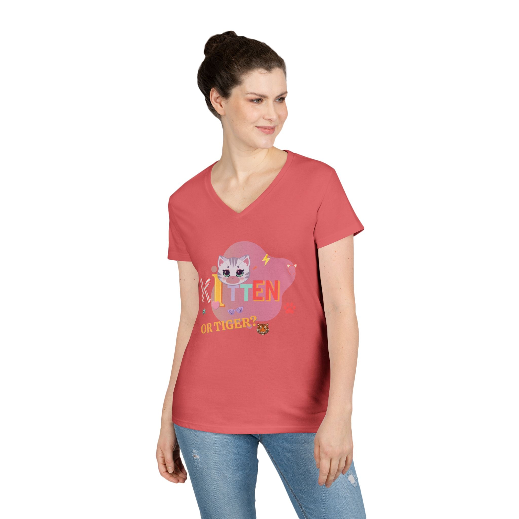 Kitten or Tiger? V-Neck T-Shirt | Cute Cat Illustration Pastel Graphic Tee