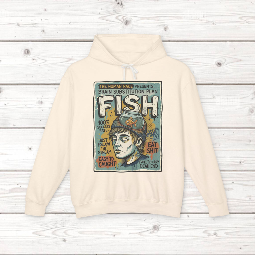 Fish Brain Substitution Plan Hoodie — Vintage Unisex Surreal Graphic Pullover