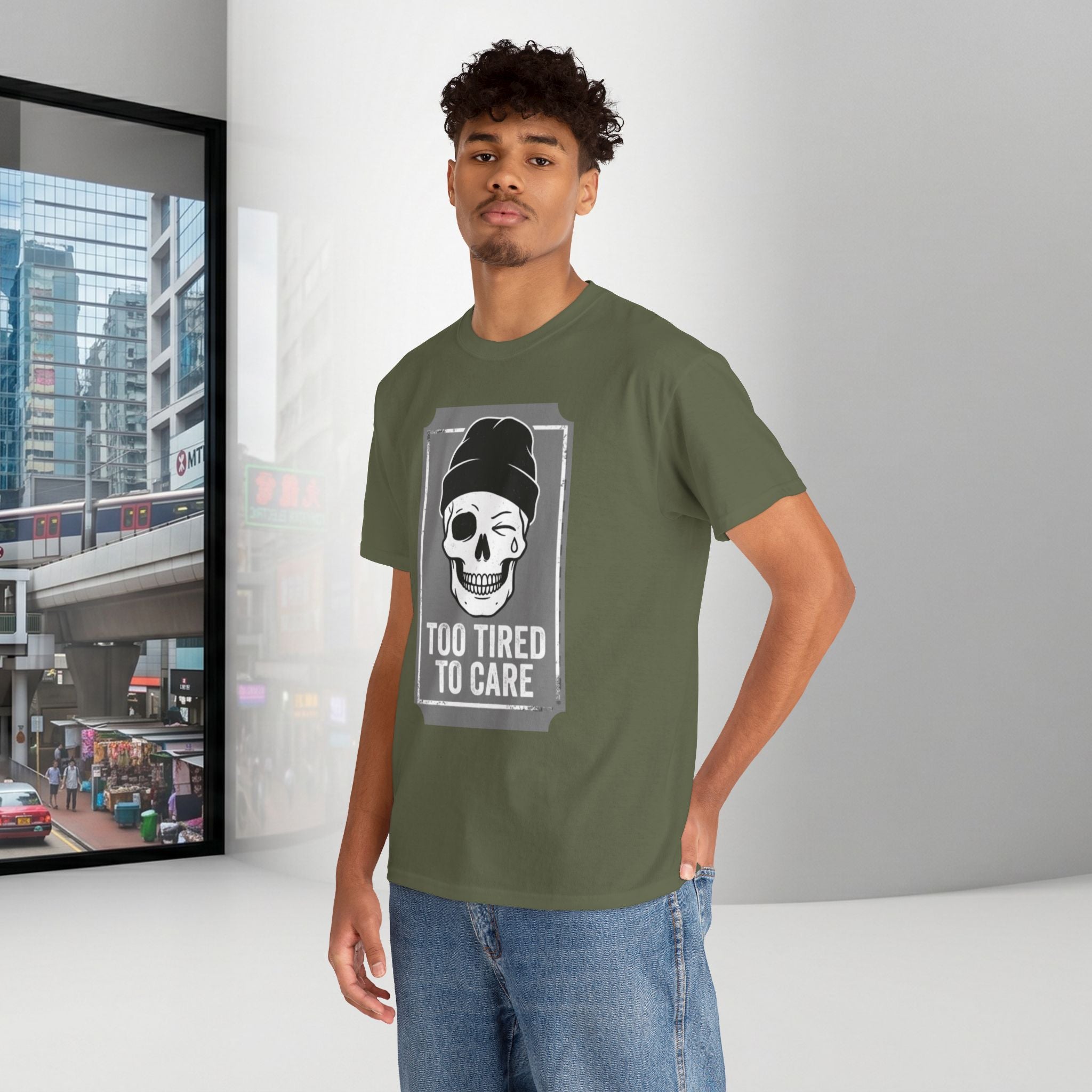 Too Tired To Care Skull T-Shirt | Funny Sarcastic Graphic Tee for the Exhausted