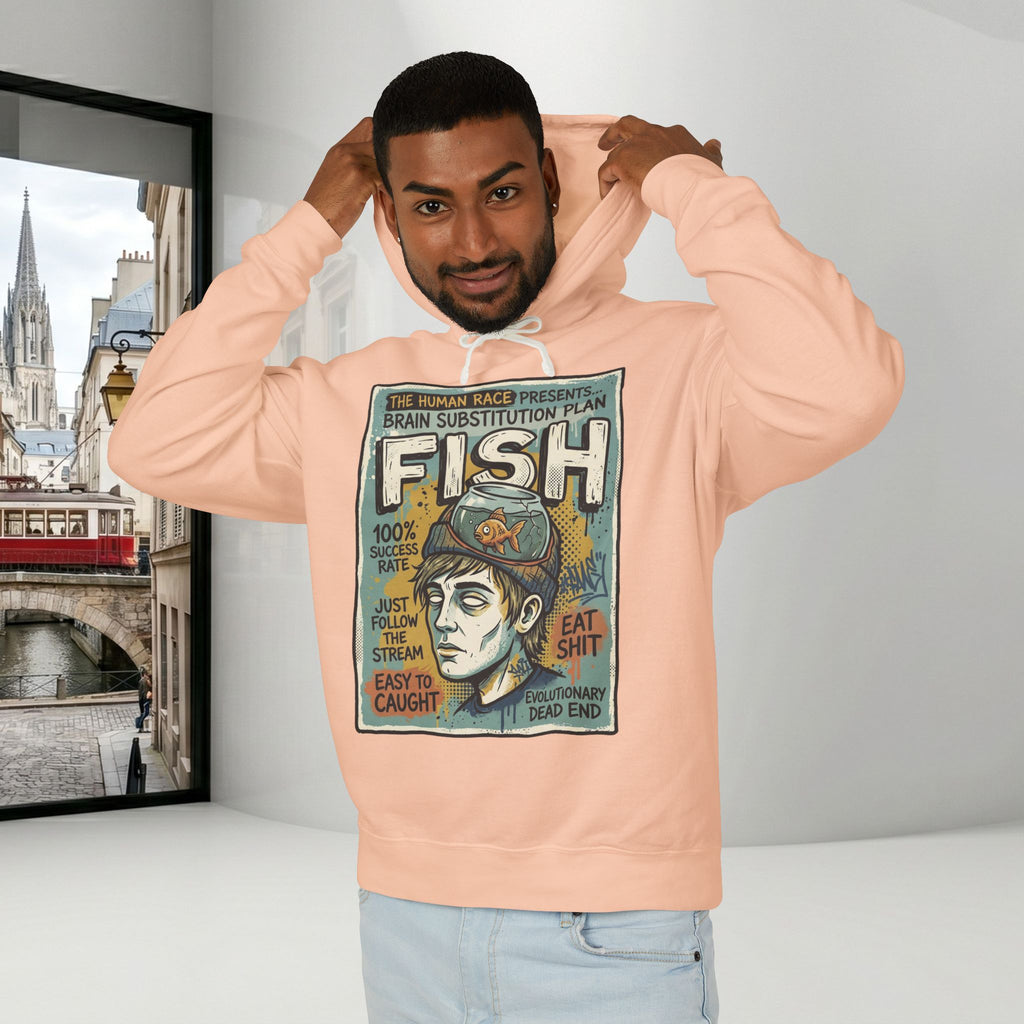 Fish Brain Substitution Plan Hoodie — Vintage Unisex Surreal Graphic Pullover