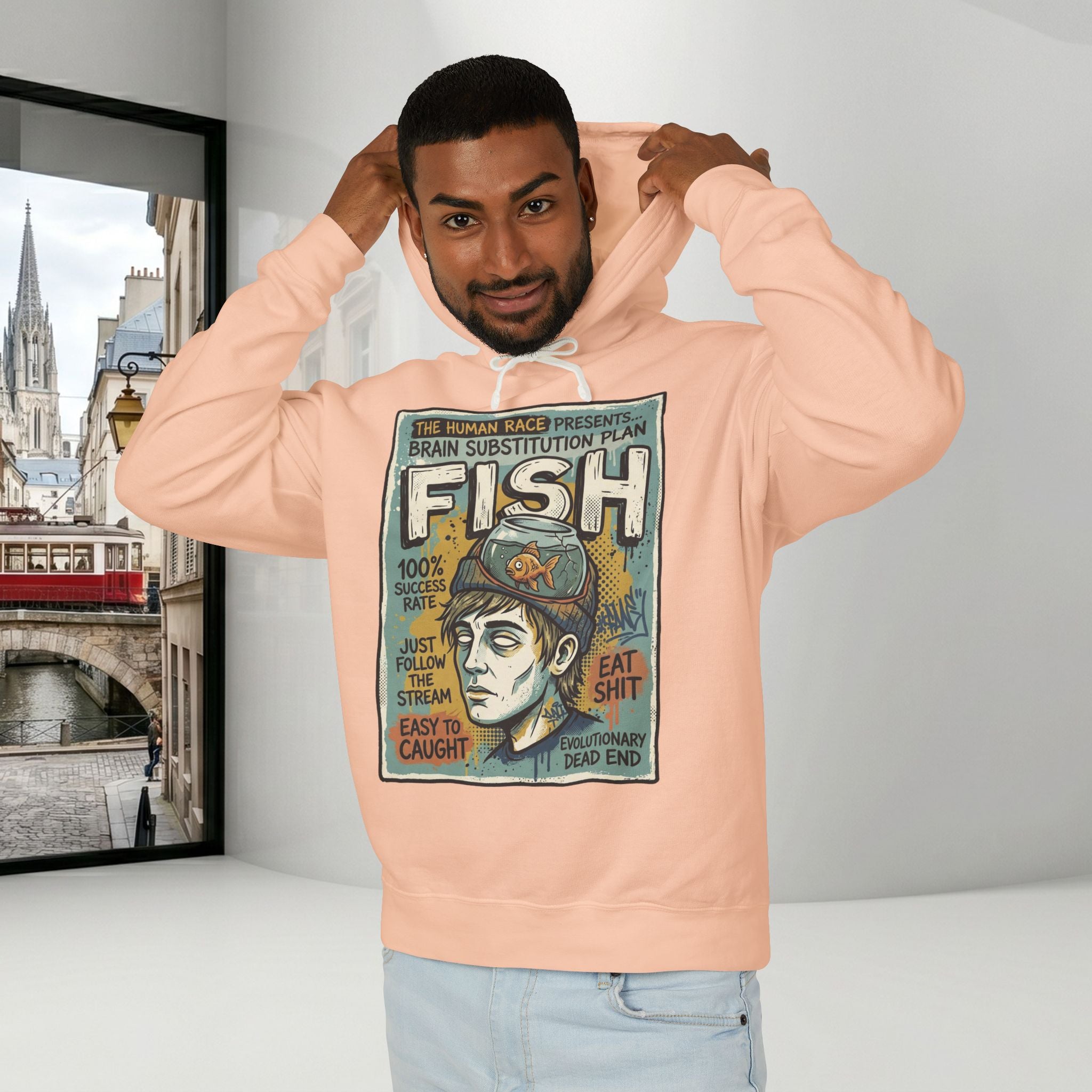 Fish Brain Substitution Plan Hoodie — Vintage Unisex Surreal Graphic Pullover