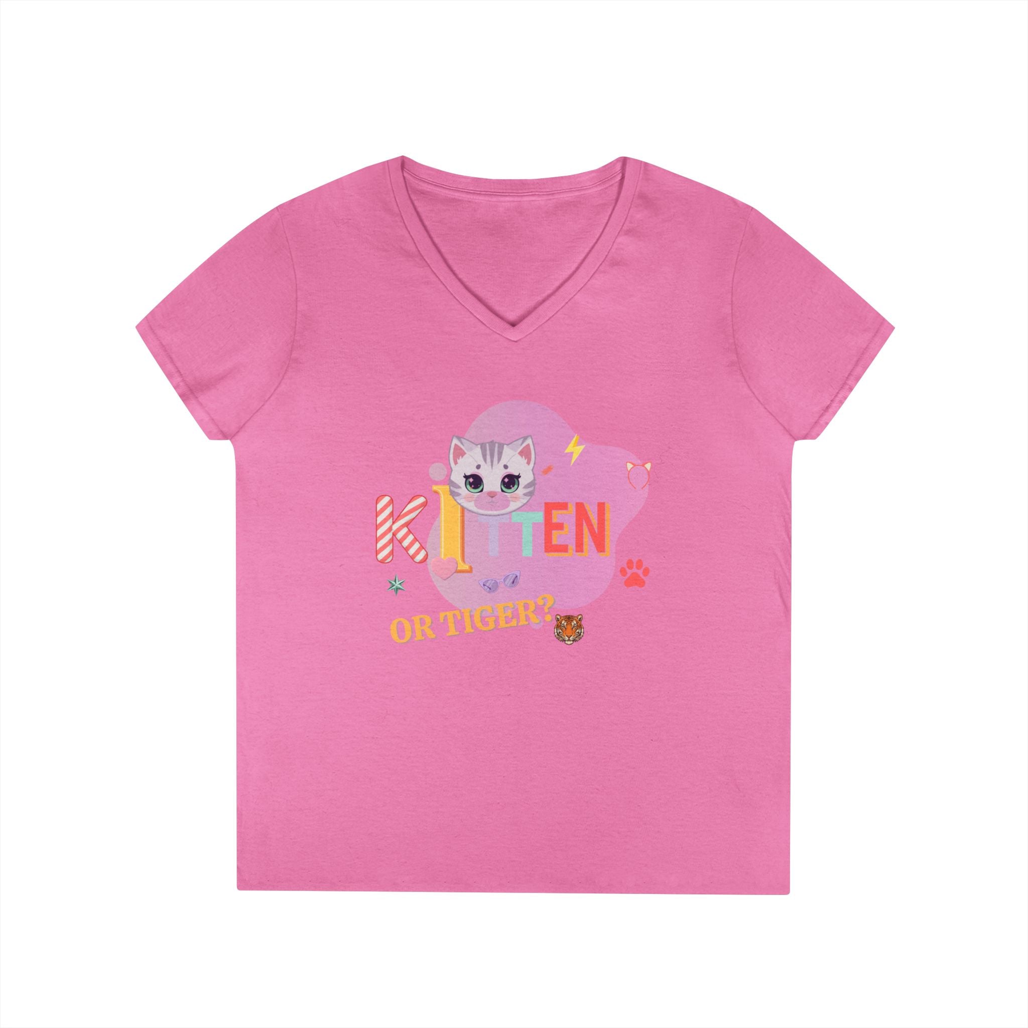 Kitten or Tiger? V-Neck T-Shirt | Cute Cat Illustration Pastel Graphic Tee