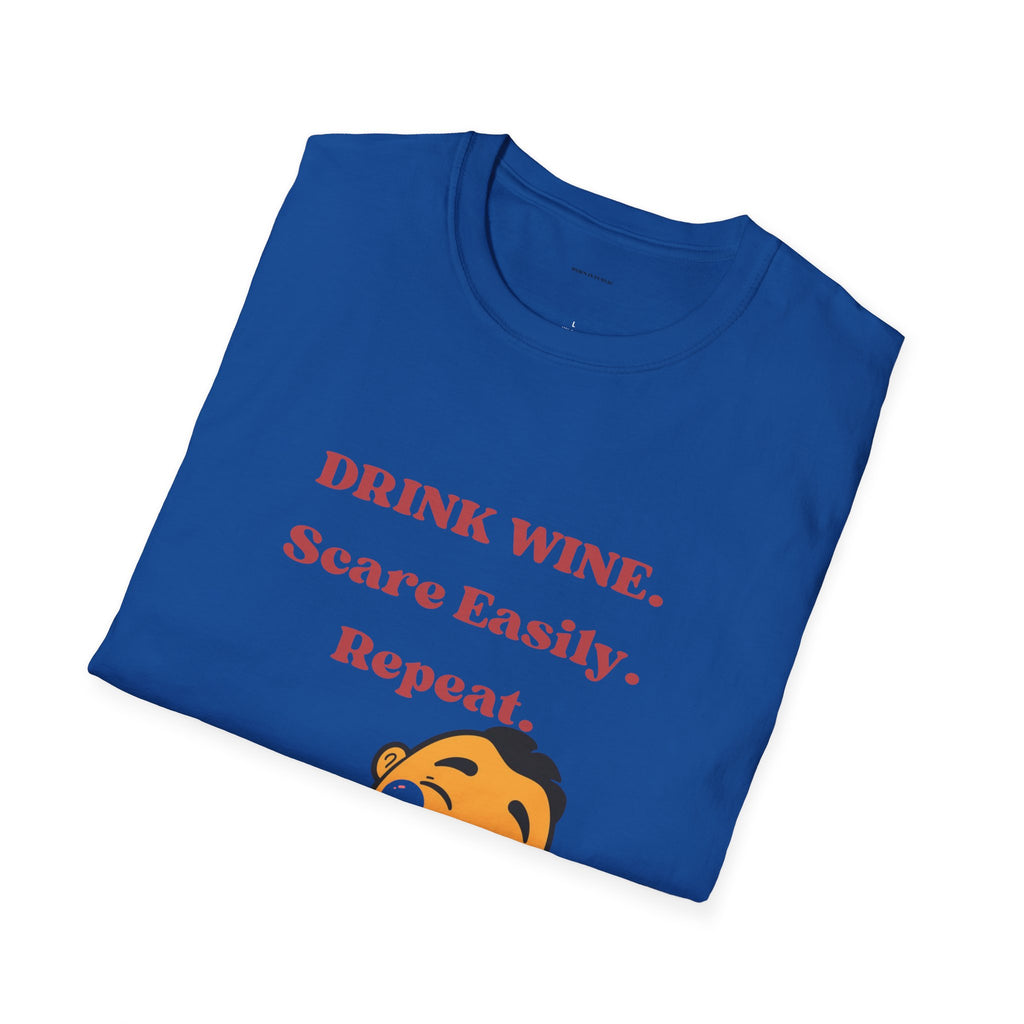 Drink Wine, Scare Easily, Repeat T-Shirt | Funny Smiling Face Graphic Tee