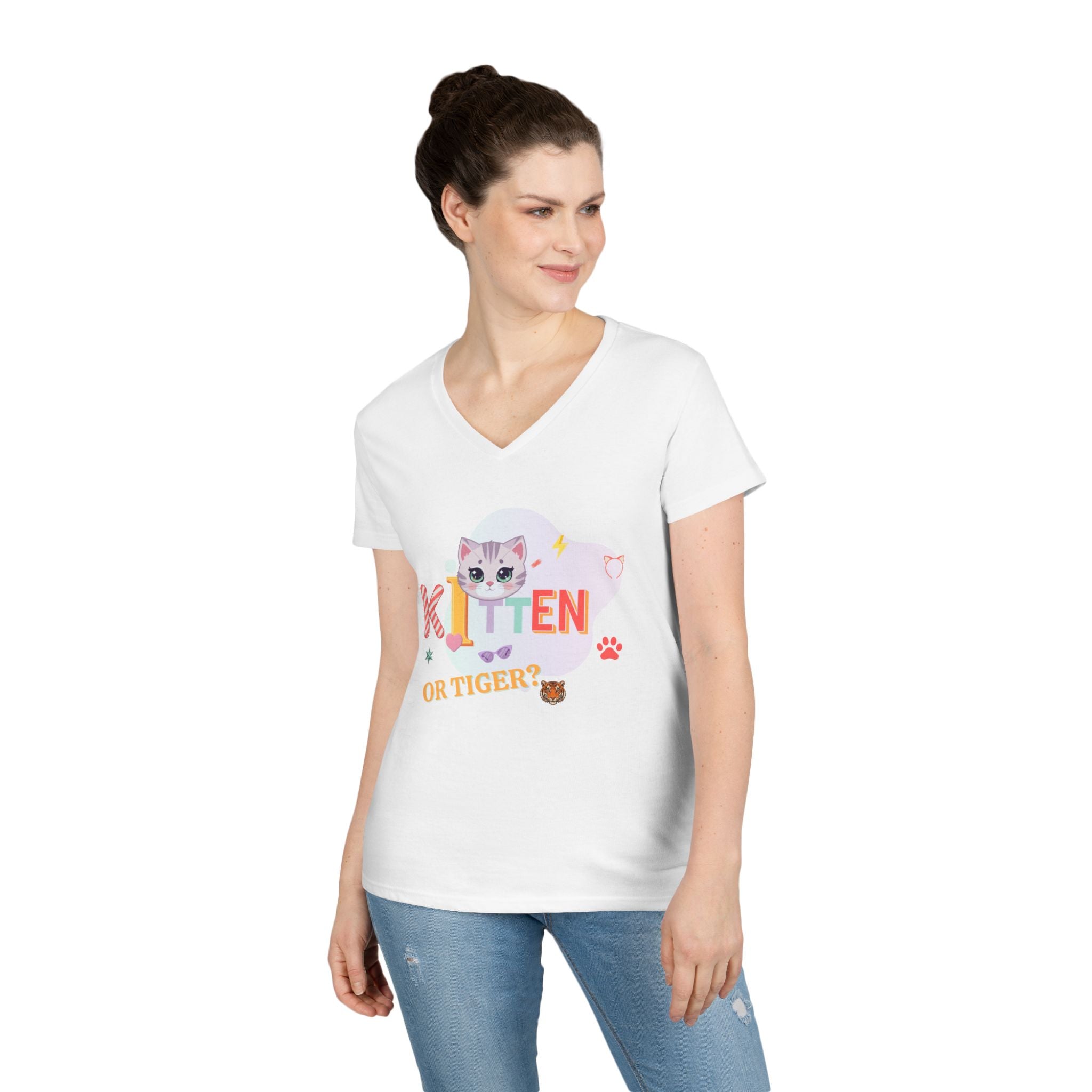 Kitten or Tiger? V-Neck T-Shirt | Cute Cat Illustration Pastel Graphic Tee