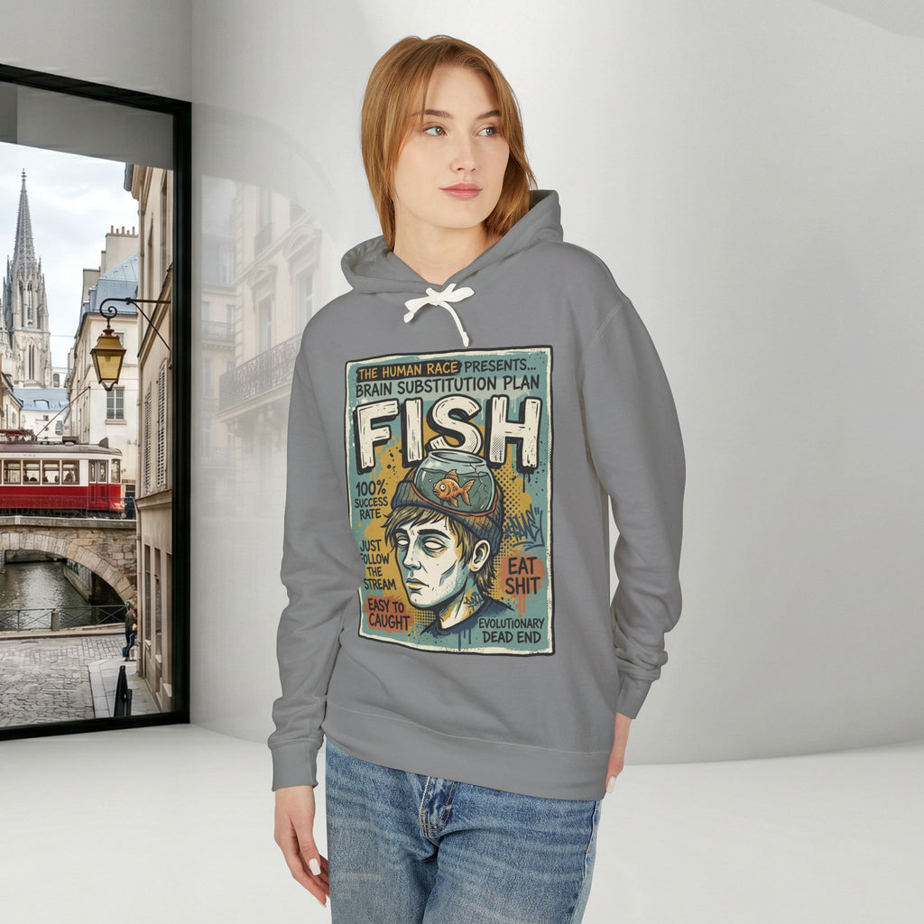 Fish Brain Substitution Plan Hoodie — Vintage Unisex Surreal Graphic Pullover