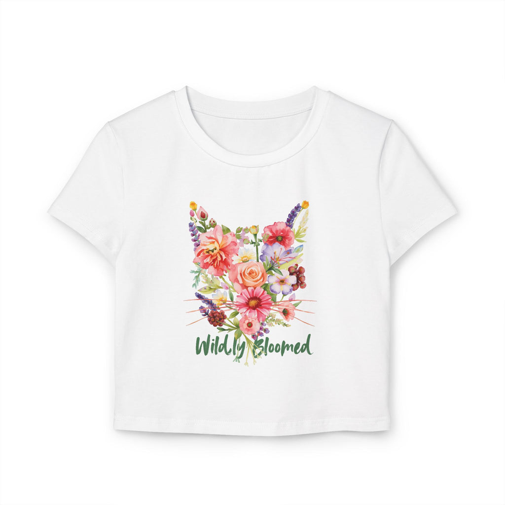 Wildly Bloomed Floral Cat Women's Baby Tee | Cute Botanical Graphic Top