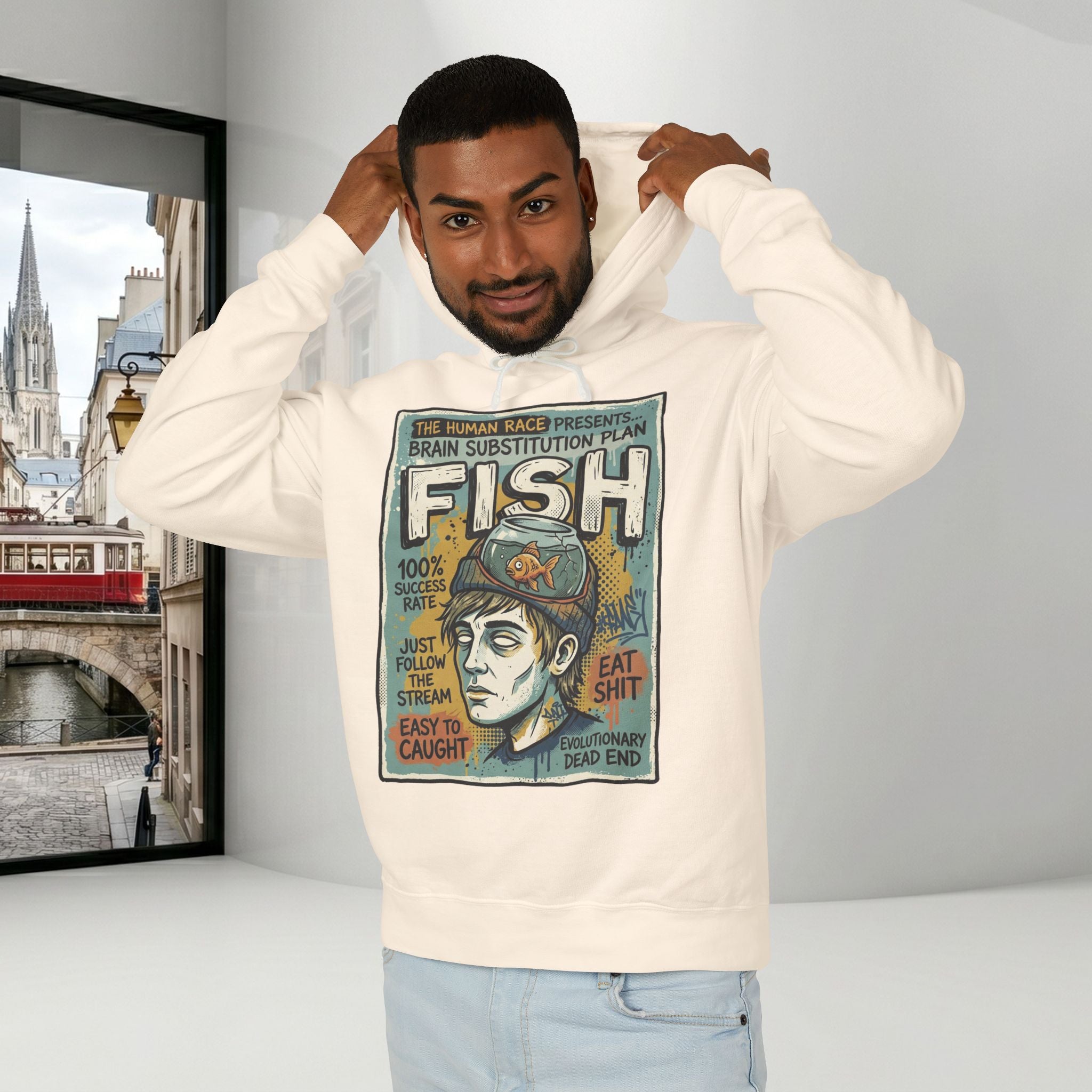 Fish Brain Substitution Plan Hoodie — Vintage Unisex Surreal Graphic Pullover