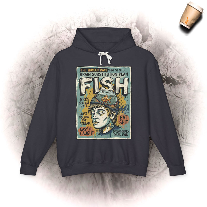 Fish Brain Substitution Plan Hoodie — Vintage Unisex Surreal Graphic Pullover