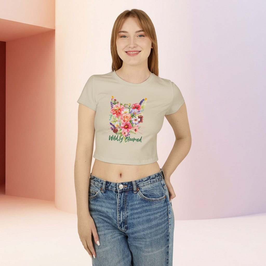 Wildly Bloomed Floral Cat Women's Baby Tee | Cute Botanical Graphic Top