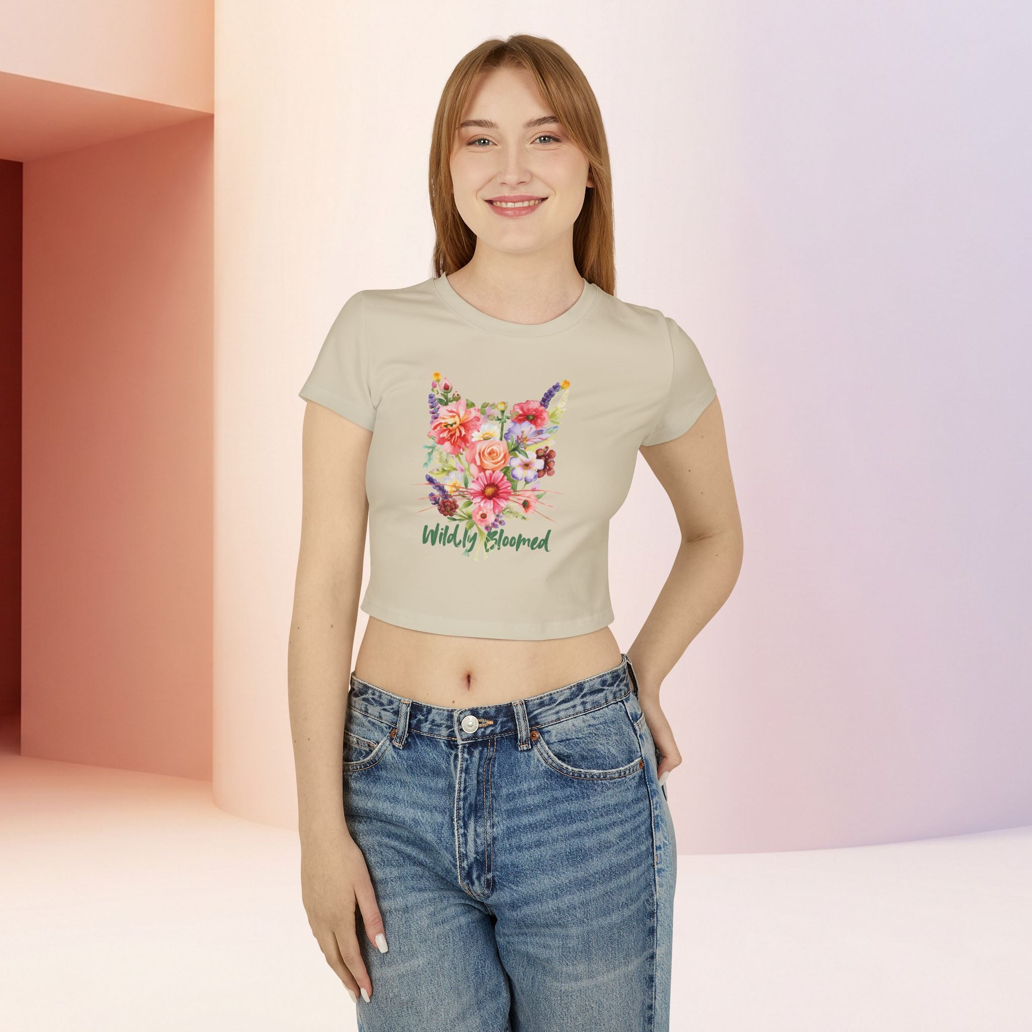Wildly Bloomed Floral Cat Women's Baby Tee | Cute Botanical Graphic Top