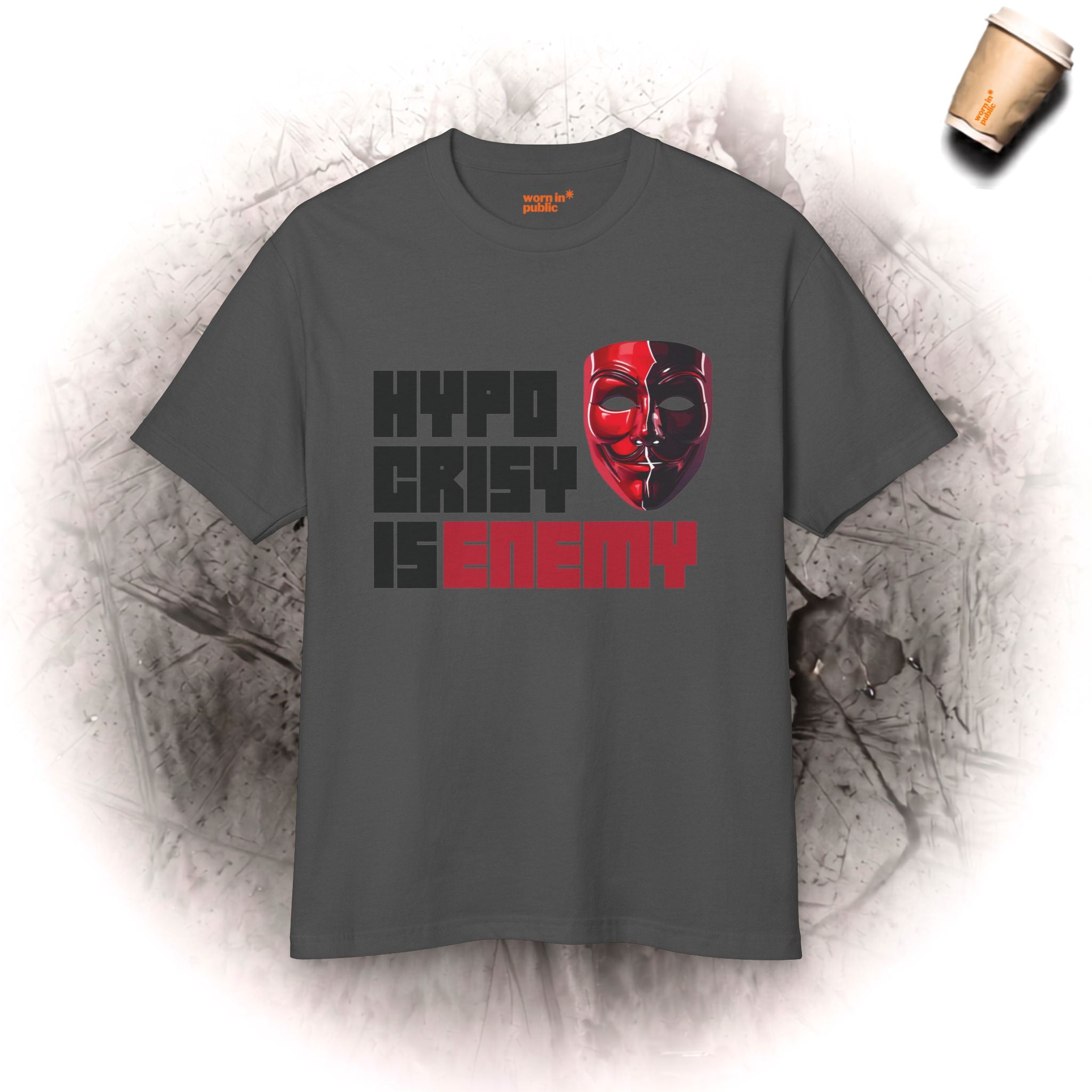 Hypocrisy Is Enemy Graphic Tee — Red Mask Statement T-Shirt