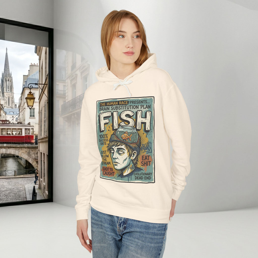 Fish Brain Substitution Plan Hoodie — Vintage Unisex Surreal Graphic Pullover