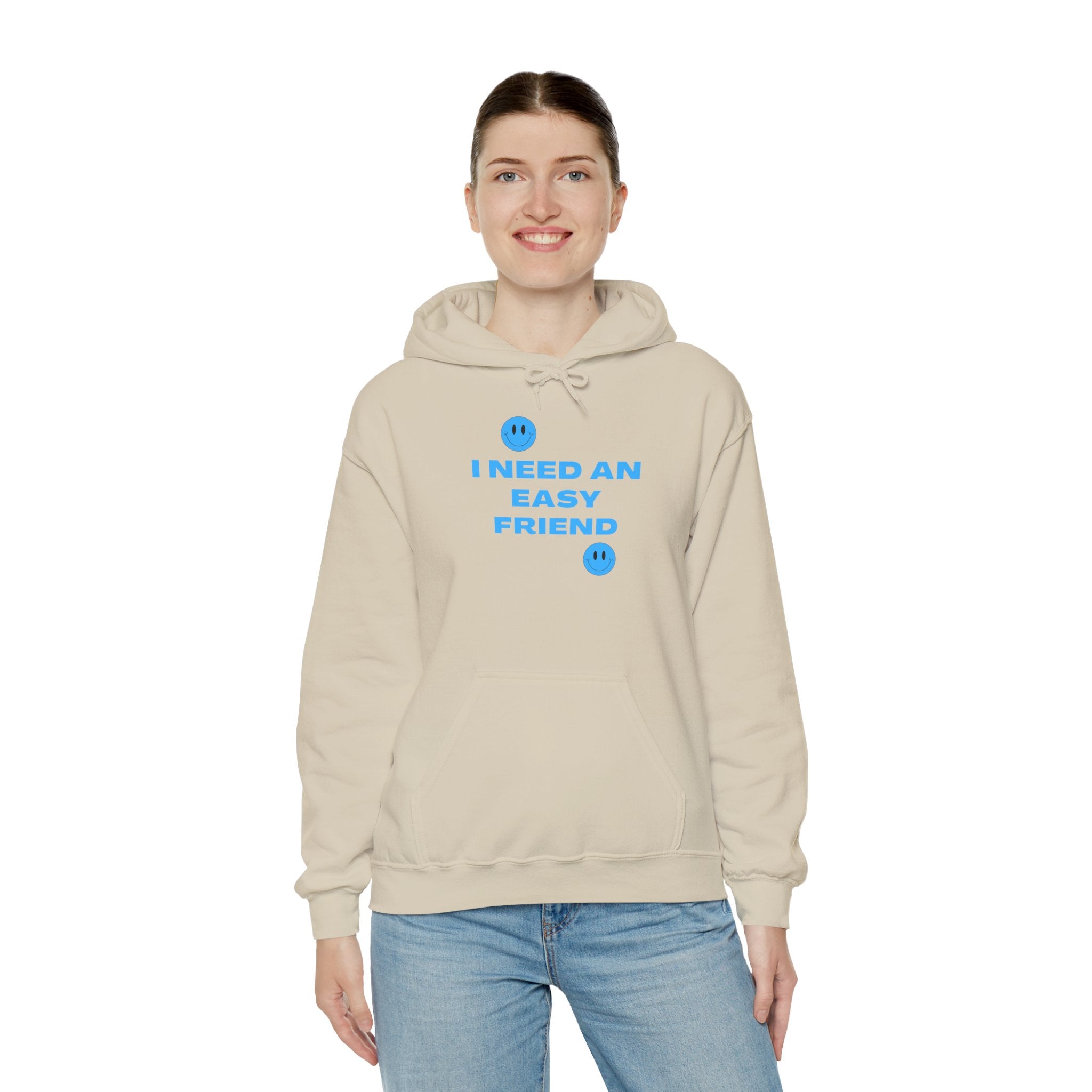I Need an Easy Friend Ladies Hoodie | Minimalist Cute Blue Button Graphic Sweatshirt
