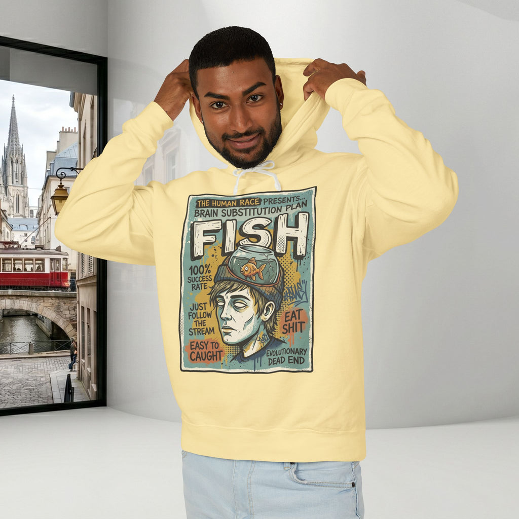 Fish Brain Substitution Plan Hoodie — Vintage Unisex Surreal Graphic Pullover