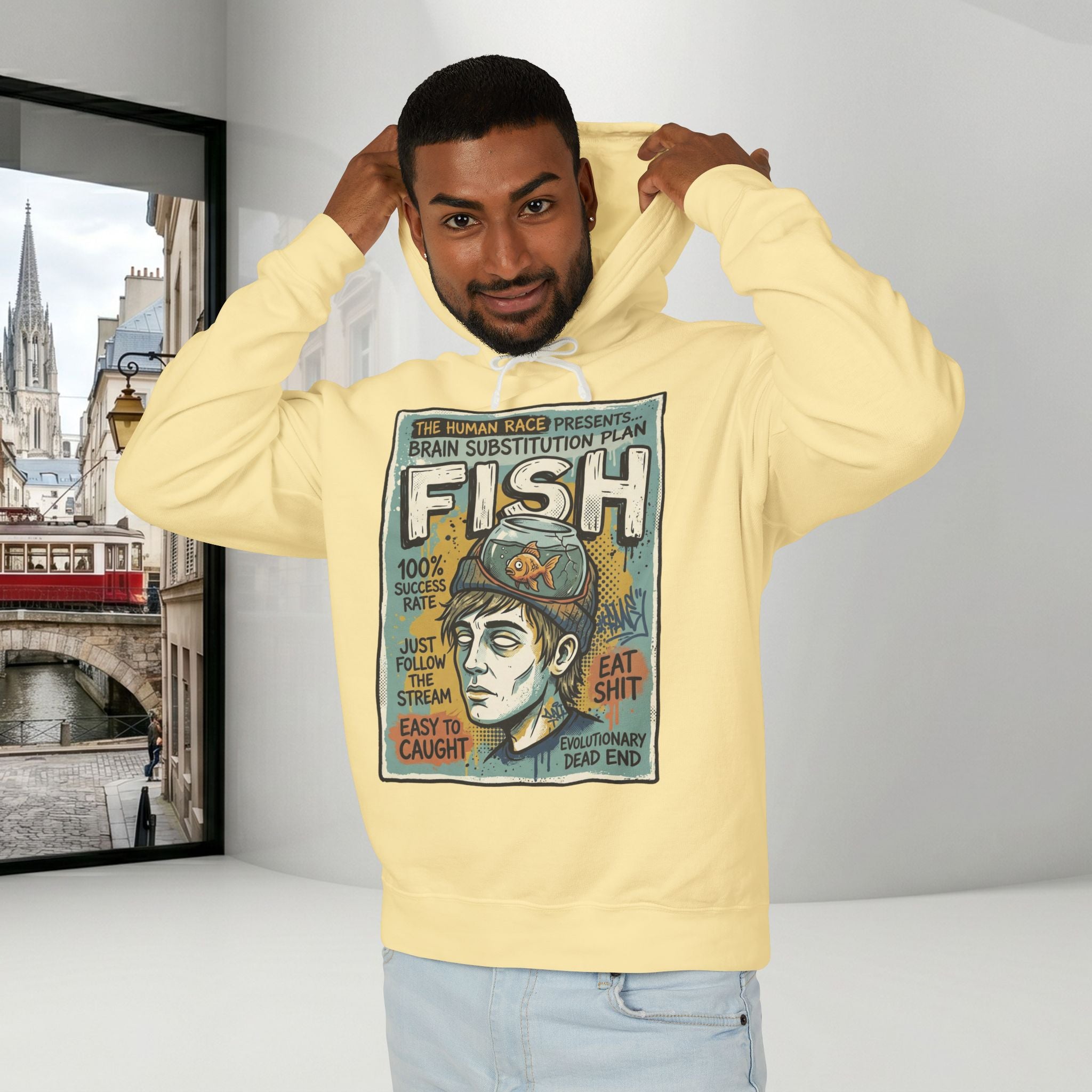 Fish Brain Substitution Plan Hoodie — Vintage Unisex Surreal Graphic Pullover