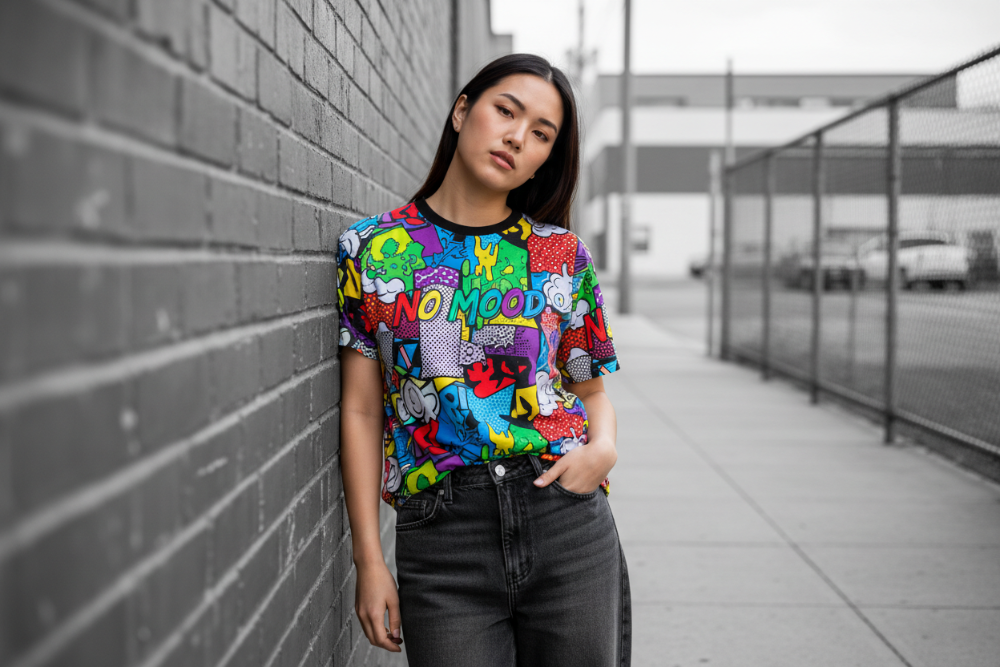 Asian model colorful graphic tee monochrome background
